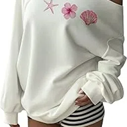 sxv style Women Casual Off Shoulder Loose Fit Long Sleeve Sweatshirt, Starfish, Hibiscus, Shell-picture-0