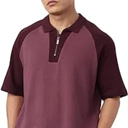 the souled store Plum Men and Boys Short Sleeve Spread Collar Solid Cotton Blend Breathable Lightweight Everyday Oversized Polos-picture-6