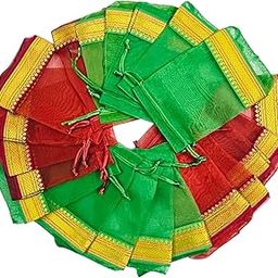 Moira Pack of 20 Unisex Gift Potli Bags Silk Brocade (18 cm X 12 cm) Maroon and Green-image-7