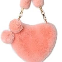 Women Girls Faux Fur Heart Shaped Handbag Plush Shoulder Bag Clutch Purse with Metal Chain Strap-image-25