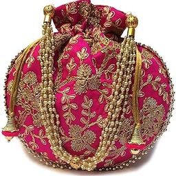 SHAKTISM Matka Embroidered Potli Silk Storage, Potli Pouches for Jewelleries Return Gift Bags, Women's Handbag Shagun Bags for Weeding, Engagement -1Pc (Pink)-36