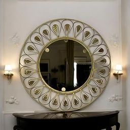 M.L. Creations Beautiful Gold Finish Circle Leaf Design Round Shape Mirror Wall Panel Art Decorative Mirror Metal Iron Design Modern Art Mirror Home Decor (Set of 1, Gold, Size: 58X58cm)-image-62