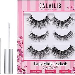 CALAILIS False Eyelash, Eye Makeup Lash 3D Faux Mink Fake Eyelash Long Natural Eyelashes 3 Pairs with 5g False Eyelash Glue (CS19-1)… Black-35