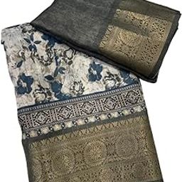 Kalamkari Tussar Silk Saree Floral Print Zari Weaving Border Designer Pallu Attach Blouse Piece-image-32