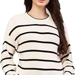 Women's Viscose Full Sleeve with Round Neck Striped Black and Cream Sweater-image-54