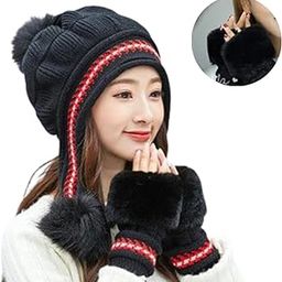Women's Girl's Winter Latest Stylish Woolen Warm and Snow Proof Soft Beanie Cap (Fur Inside) and Gloves Set for Girls-image-20