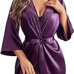 Women's Satin Lace Trim Robe, 3/4 Sleeve Kimono, Short Length with Belt, Emerald Green-image-92