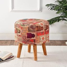 NACIA Printed Ottoman Upholstered Foam Cushioned Pouffes Puffy Stool for Living Room Sitting Muddha Wooden Velvet Pouf Stool for Foot Rest, Home Decor Dressing Table Stool, 16x16x17 Inches, Beige-30