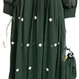 Women's Elegant Forest Green Maxi Dress with White Floral Lace Embroidery, 3/4 Sleeve, Matching Handbag-image-78