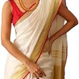 Traditional Kerala Cotton Saree with Gold Border and Red Trim, White-picture-9
