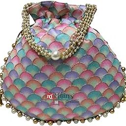 Designer Potli Bag Golden Embroidery Purse Drawstring Women's handbag with Pearl Handle & Tassel Weddings-image-42