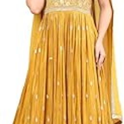 Womens Mustard Zari Embroidery Chinon Ethnic Gown With Cutdana & Beads-picture-18