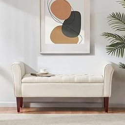 FINEST CRAFT Button Tufted Chaise Sofa Upholstered Bench Lounger Settee with Armrest Storage Ottoman for Living Room (Off White)-image-50