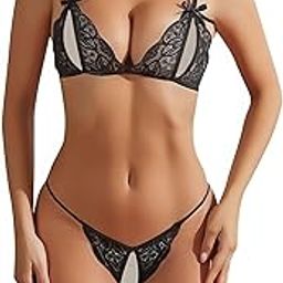 Sexy Lace Lingerie Set with Bow Detail, Triangle Bralette and String Thong-32