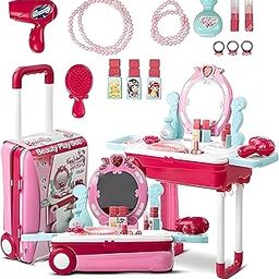 Fun express Beauty Makeup Kit for Doll Girls Cosmetic Set 2 in 1 Vanity Table Portable Trolley Pretend Play Set Toy with Make up Accessories for Kids Plastic-13