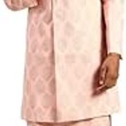 Men's Indo-Western Kurta Sherwani Churidar Set, Peach Pure Cotton, Printed Regular Fit Mandarin Collar Long Sleeves-picture-7