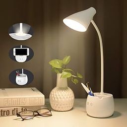Touch LED Desk Lamp, Rechargeable Study Lamp with Stationary and Phone Holder, Table Lamp with USB Charging, Dimmable Lamp with Eye Care, Flexible Gooseneck Lamp with Nightlight-18