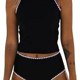 Women Cute White Trim Bathing Suit Swimwear Round Neck Tankini Set, Black-image-38
