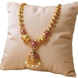 Traditional South Indian Temple Necklace for Women | Antique Gold-Plated Goddess Pendant and elephant design Jewelry with Pearls-image-1