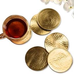 Peepul Tree 100% Pure Brass Coasters - Set of 6 Matte Finish Hammered Tea Coaster Set for Dining Table for Hot Pots | Brass Items for Kitchen-103