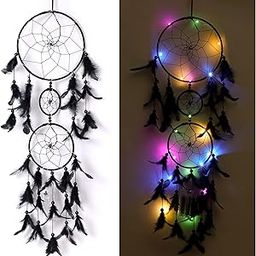 ILU® Dream Catcher with Lights, Wall Hangings, Crafts, Home Decor, Handmade for Bedroom, Balcony, Garden, Party, Cafe, Decoration, Wedding, Decorative, Black Feathers (17 cm Diameter)-image-99