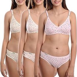 Cotton Bra Panty Set for Women, Non-Padded, Non-Wired, Seamed, Comfy Print, Fullcoverage, Combo Lingerie Set, Multi-Color, Cup-B-picture-55