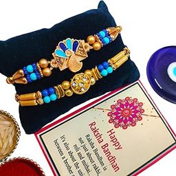 AD Rakhi Set of 2 for Brothers | Kundan Rakhi Set of 2 for Bhai in Blue Colour | comes with Roli, Chawal and Rakshabandhan Message Card-picture-30