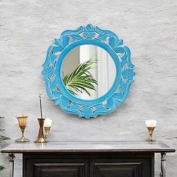 THE URBAN STORE Wall Mirror Wooden Distressed Blue Color 11"x11" Pack of One French Style Elegantly Hand Crafted Floral Carving Mirror for Home and Office Decor TUSMR48-19