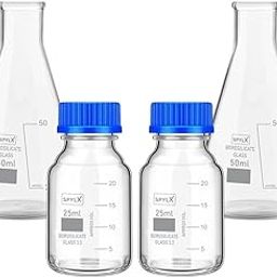 SPYLX Borosilicate Glass Measuring conical 50ml & Reagent bottle 25ml With leak proof Blue Screw Cap pack of 2 for lab, laboratory and professional use-4