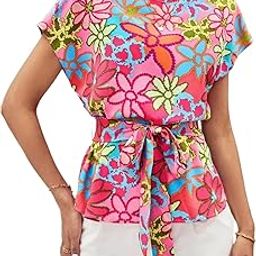 Women Western Top with Floral Printed Design in Multicolor Fabric, Relaxed Fit, Short Sleeves, and Waist Tie-Up-image-16