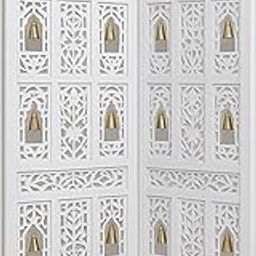Alif Crafts Wooden Room Divider Partition | MDF Privacy Screen | Foldable Room Separator | Lakdi Ka Parda | Home Office Décor with 18 Bell Hanger | 2 Panel - 6 Feet | White-image-66