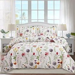 Ycosy Floral Quilt Sets King Size Reversible Countryside Bedspread Coverlets Lightweight Purple Dandelion Quilt Green Leaves Bed Covers for All Season,1 Quilt +2 Pillow Shams-image-31