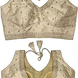 Women's Indian Ethnic Wear Designer Golden zari Embroidery with Sequence Work V Neck Sleeveless Readymade Worked Saree Blouse for Party-15