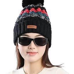 Black Twist Single Cap Winter Warm Snow Proof -20 Degree Knitted Ball Cap (Inside Fur) Woolen Beanie Cap for Ladies Women Girl-84