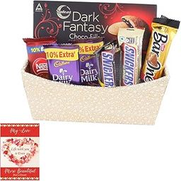 SFU E Com 7 Pieces Chocolate Hamper With Attractive Golden Basket | Valentine Chocolate With Love Greeting Card | Valentine Chocolate Hamper | 258-1