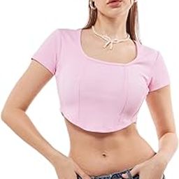 Women's Solid Slim Fit Half Sleeve Square Neck Rib Corset Top-image-34