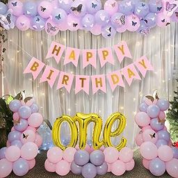 Party Propz 1st Birthday Decoration Items - 69 Pcs Happy Birthday Decoration Kit with Pink Happy Birthday Banner (Cardstock) | 3D Butterflies for Decoration | 1st Birthday Decoration for Girls-8