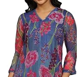 w for woman Blue Floral Printed Chiffon Gathered Top-picture-22