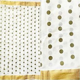 Women's Cotton Green Polka Printed Unstitched Kerala kasavu with zari borderRunning Dress Material Fabric for Sewing Suit,Shirt,Kurta,Pyjama,Kameez,Chudidar,Blouse,Pathani, Tops, Tunics-picture-7