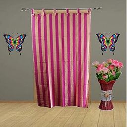 HOMEFLY Loop Door Cotton Striped Curtain (7 Feet, Pink Yellow)-image-7