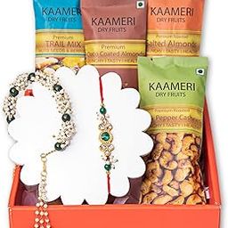 Kaameri Bazaar Rakhshabandhan Gift Hamper Rakhi for Brother, Bracelet for Bhabhi - Rakhi with Dry Fruits 50g Each (Trail Mix, Cashews, Almonds) Greeting Card, Roli Chawal Pack - BB Lariya-image-85