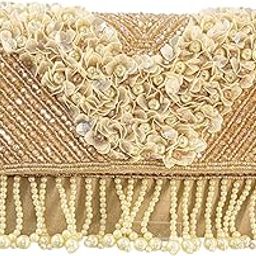Elegant Evening Clutch Purse with Pearl Beading, Floral Design, Gold Embellished, Pearl Fringe Trim-image-11