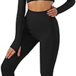 Workout Sets for Women 2 Piece Yoga Gym Outfits Seamless Ribbed Leggings with Long Sleeve Tops-image-76