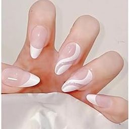 Classy Set Of 24 Artificial/Fake Reusable Press on Nails In Almond Shape With White & Silver Stillet Wave.-image-99