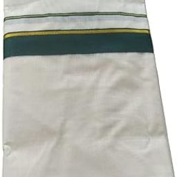 Mithika Kerala blended Cotton Dhoti, 4 Metre, White with Green and Gold Border, Traditional Design. kerala double mundu.-image-56