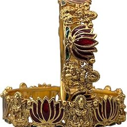 Vintage Gold Lotus Flower Lakshmi Bangles, Maroon, Pink and Green Enamel Work, Ornate Traditional Design | Premium Latest Stylish Bangles | Just Like Real Gold Jewellery-image-14