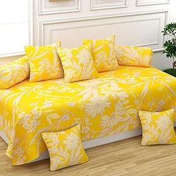 TRANDIFY Diwan Set 8 Pieces Pure Cotton Designer Printed Standard Diwan Bedsheet (1 Single Bedsheet, 2 Bolster Covers, 5 Cushion Covers || Yellow-image-45