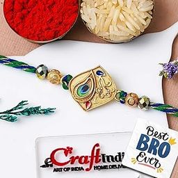 eCraftIndia Peacock Feather Rakhi for Brother | Raksha Bandhan Rakhi for Bhai Bhaiya | Best Bro Ever Fridge Magnet | Roli Chawal Pack-image-49
