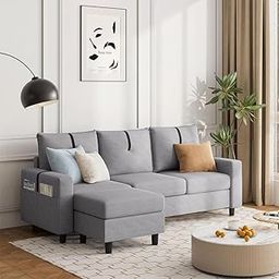 FURNY Samoa 4 Seater Fabric L Shape Sofa Set Modular 3 Seater & Ottoman - Light Grey-picture-26
