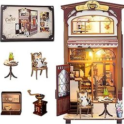 Book Nook Kit,Dollhouses Café Miniature Wooden Doll House Kit, with Furniture and LED Light, Accessories Educational Toys, for 14+ Teens and Adults Building-6
